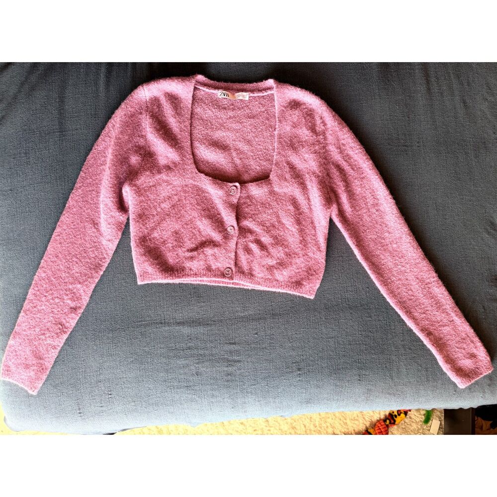 ZARA Dusty Pink Boucle Cropped Cardigan Sweater Square Neck Size L Coquette - Picture 2 of 9